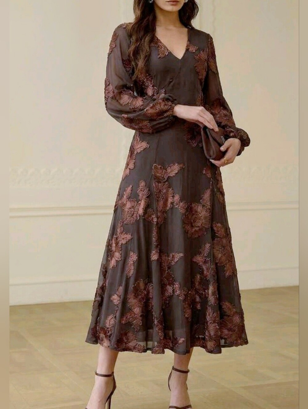 New Luxe Floral Applique Long Dress Bishop Long Sleeve Brown